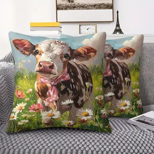 Cute Cartoon Calf Throw Pillow with Digital Print, 45cm Square Cushion Includes Pillow Insert, Adorable Calf Design with Polka Dot Bow, Perfect for Cozy Home Decor, Adds a Cheerful Touch to Bedroom & Living Room, Soft and Comfortable Pillow
