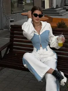 Fashion Casual Hoodie Set Denim Patchwork Long Sleeve Top & Pants Two-Piece, Stylish Comfortable Clothing for Daily Wear, Casual Matching Set