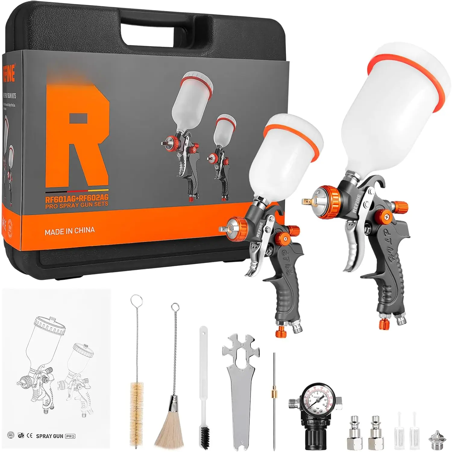 HVLP Air Gravity Spray  Sets, 2-Spray  , 1.0mm 100ml & 1.4/1.7mm 600ml Auto  Sprayer  with Air Regulator for  , Primer, Topcoat & Touch-Up, Furniture, House Painting.