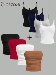 8-pack of Youth Solid Color Knit Tank Tops with Thin Shoulder Straps and Slip Dress Tops, Simple and Versatile, Leisurely and Comfortable, Suitable for All Seasons, for Gatherings, Outings, Traveling, Music Festivals, Can Be Worn as Underwear or Outerwear