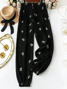 Plus Size Women's Casual Floral Print Textured Loose Fit Long Pants, Womenswear, Comfortable Elastic Waist Drawstring Design, Perfect for Daily Wear & Travel