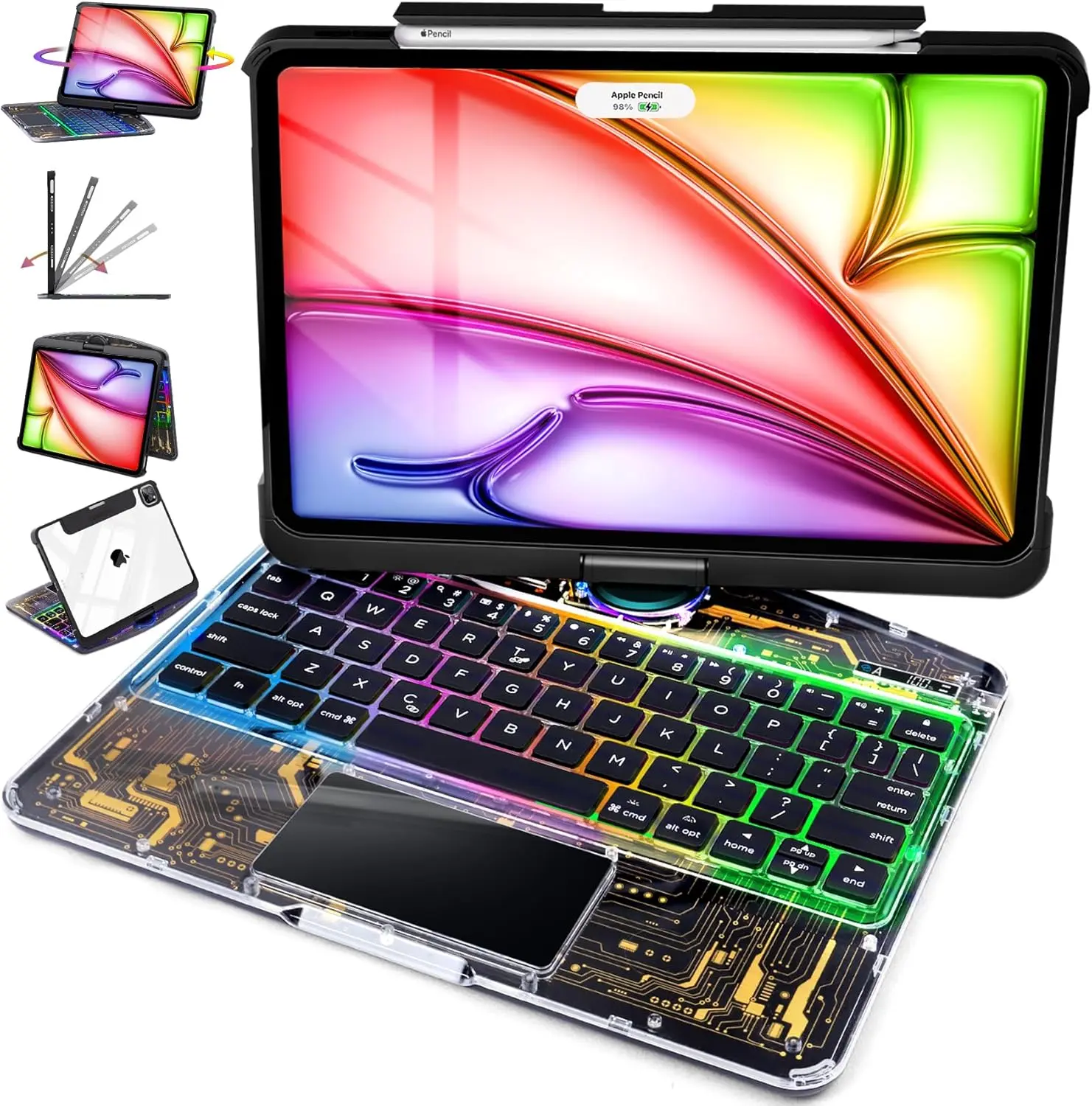 NAIDUN 360° Rotatable Keyboard Case for iPad 10.9-13inch Clear Hard PC Back 7 Color Backlight Comfortable Typing Tablet Cover with Scissor Mechanism Smart
