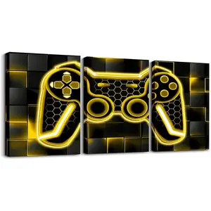 Feelyou Gamer Canvas Wall Art - 12"x16" 3-Piece Yellow-Black Decorative Framed Print, Room Decor for Gaming Office, Wall Art Painting Gift for Bedroom