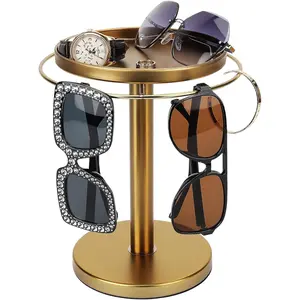 360° Rotating Sunglass Organizer Storage, Stainless Steel Glasses Holder Stand, Glasses Organizer with Tray for Desk, Dresser, Tabletop, Nightstand and Home Decor, Display Holder