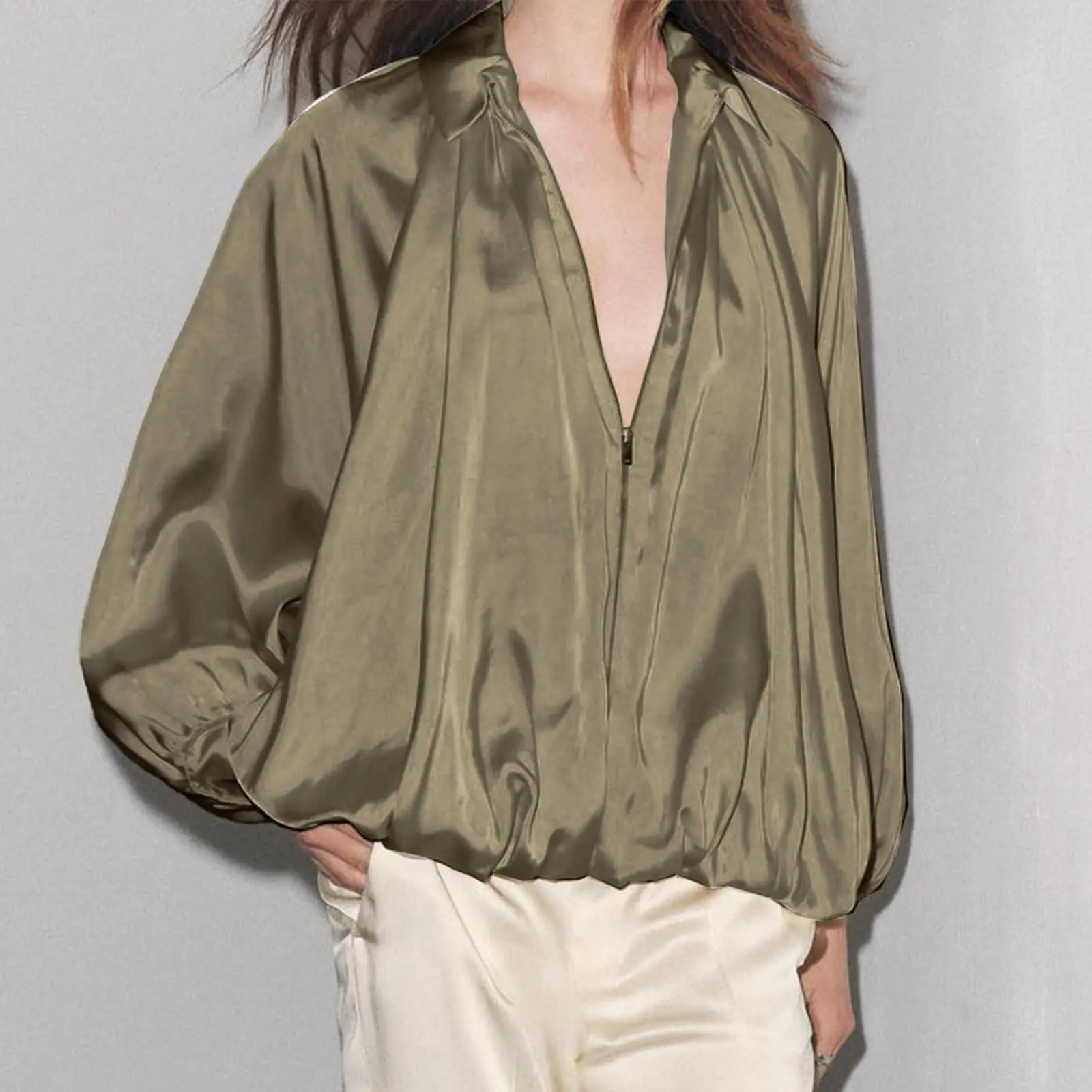 Women's Ocean Style Puffed Bomber Jacket - Oversized Lapel Collar, Batwing Puff Sleeves, Zip-Up Pleated, Loose Minimalist Streetwear Casual Outerwear (Beige, Black, Burgundy)
