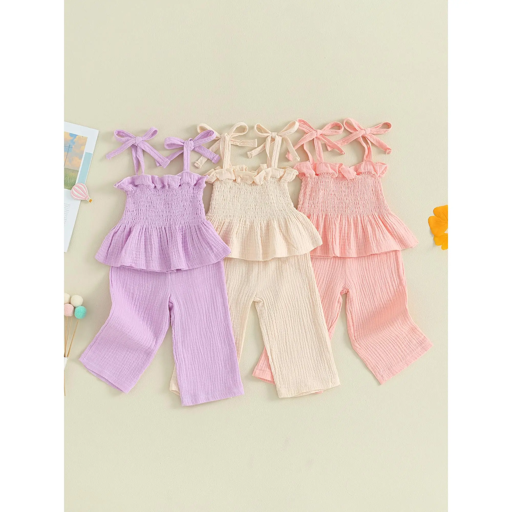 Toddler Baby Girls 2 Piece Outfits 6 9 12 18 24 Months 2T 3T 4T 5T Solid Color Sleeveless Camisole and Elastic Pants Set Kids Summer Clothes