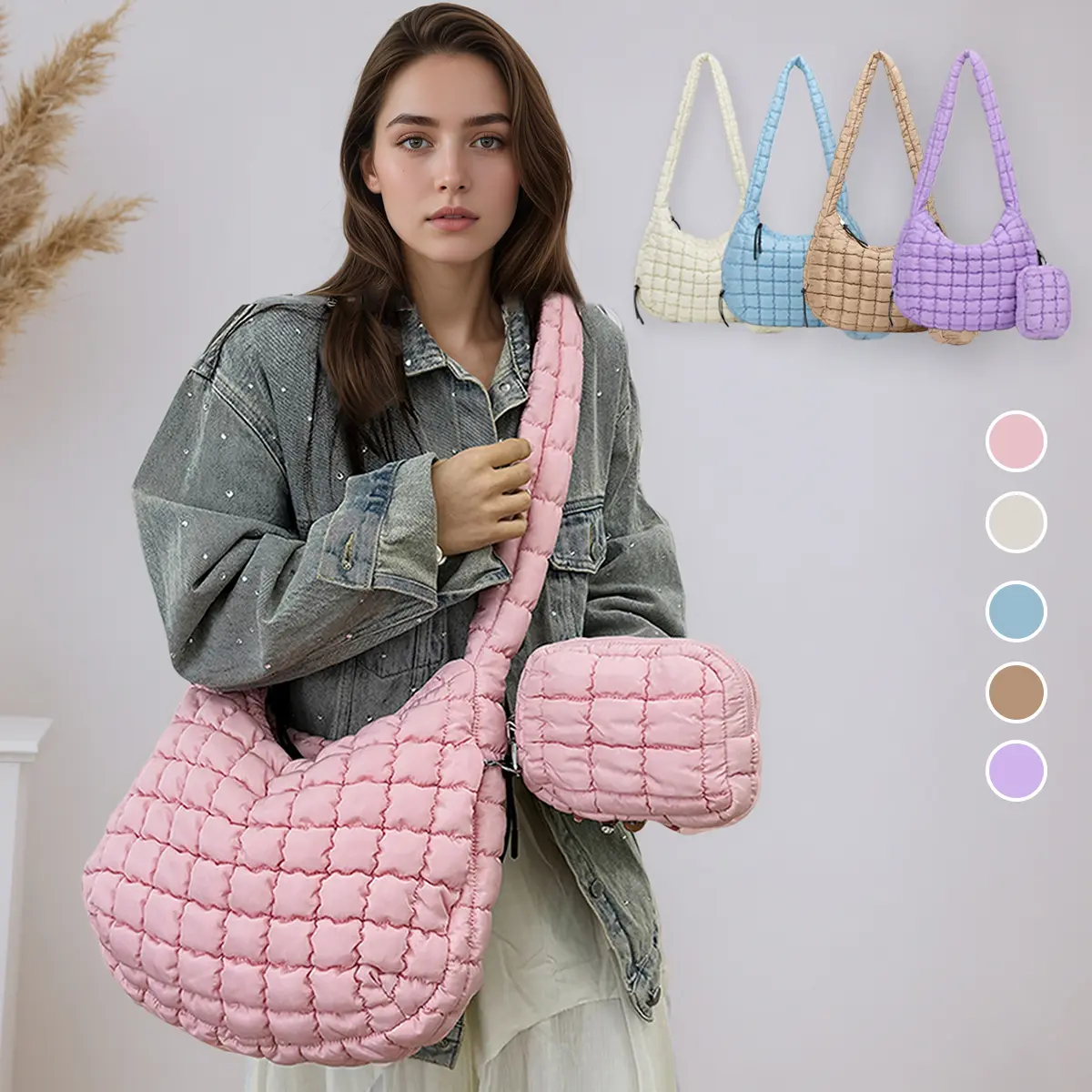 Practical Large Capacity Crossbody Bag for Women, Quilted Puffy Shoulder Bag with Cloud Pattern Solid Color Sling for Shopping and Travel Use