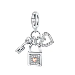 Key to My Heart Lock and Key Dangle Charm 925 Sterling Silver Sparkling CZ Love Charms Fit for Bracelets Necklace Jewelry Gift for Women
