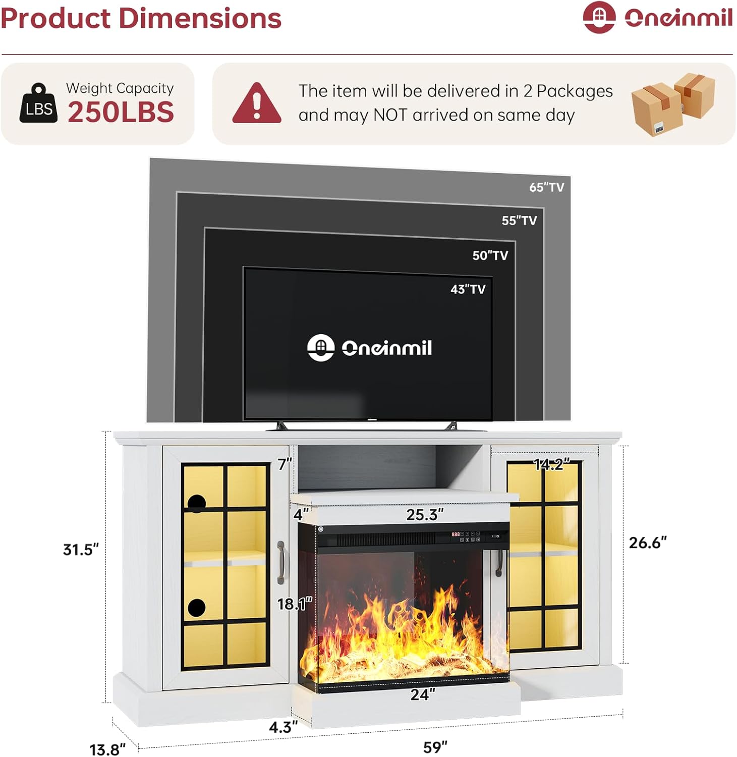 oneinmil 59/80" Fireplace TV Stand - 3-Sided Glass Media Entertainment Center Console, Furniture Living Room, Living Room Decor, for 65/85" TVs, Glass Door, Adjustable Flame LED Color