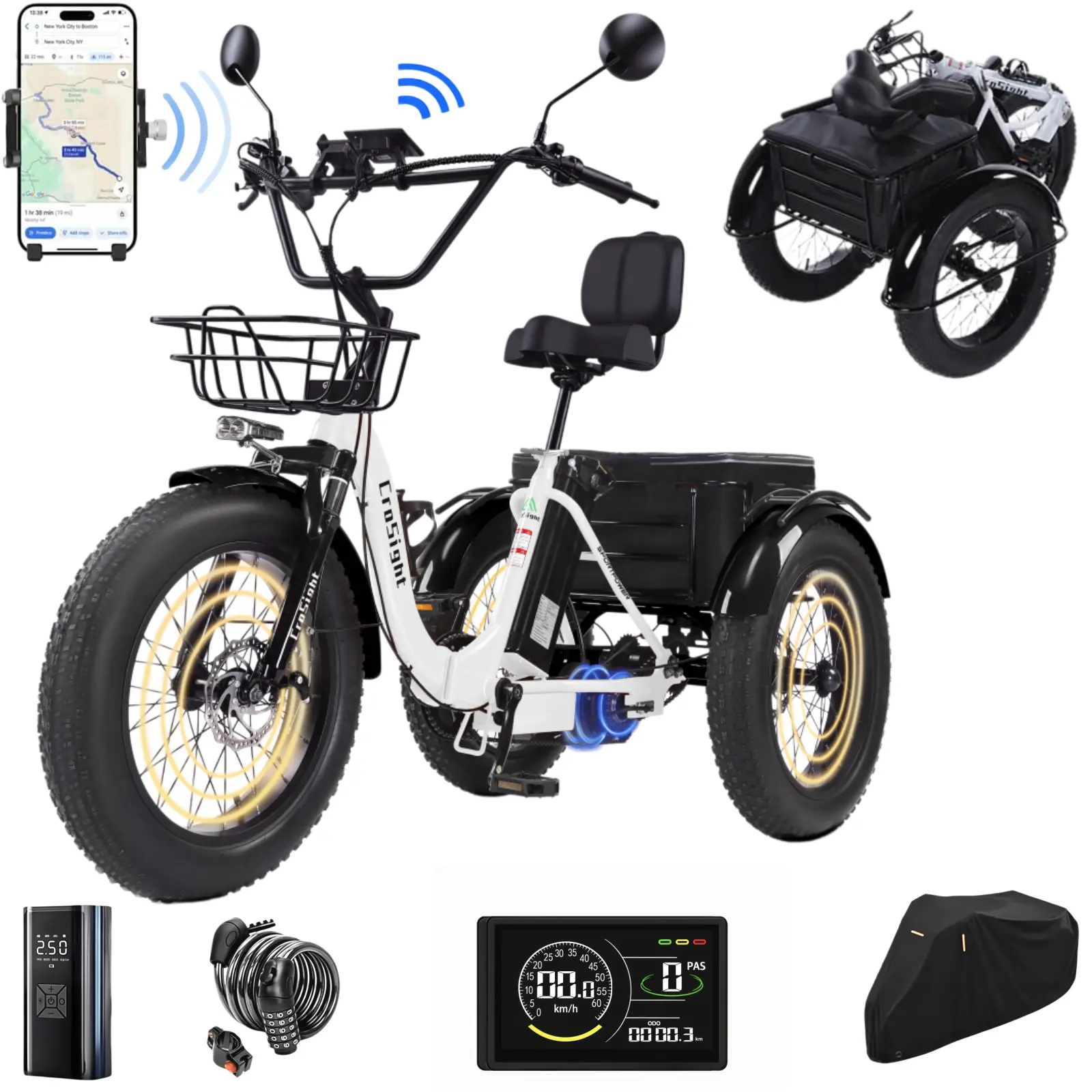 CroSight T3 Folding Electric Trike for Adults with Handlebar Phone Holder, 1700W Peak, 48V 20Ah Removable Battery, 20x4 Fat Tires, Step-Through Frame, UL 2849 Certified, Connected Riding Commute EBike, 48V 20Ah Battery