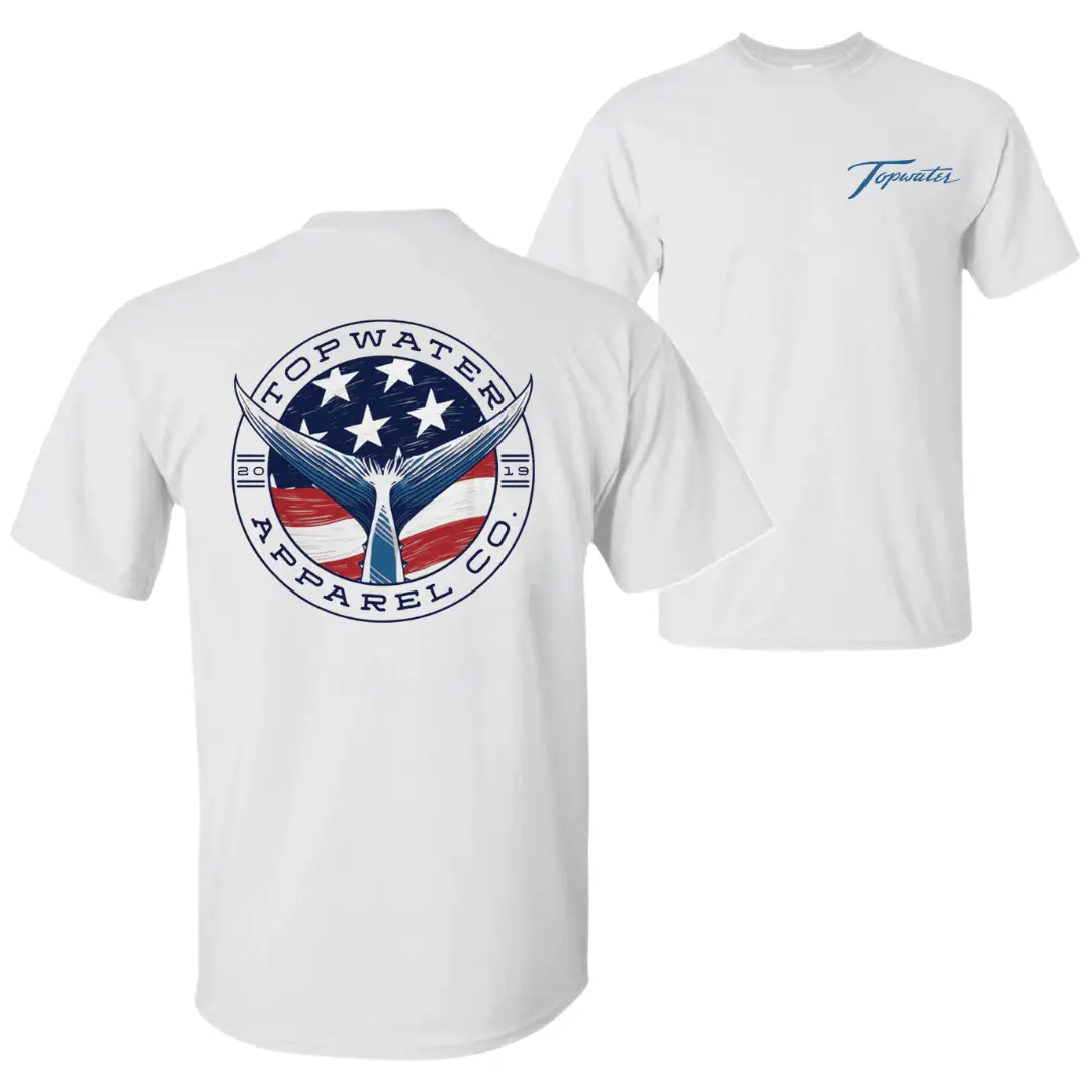 Topwater American Flag Whale Tail T-Shirt, Vintage Coastal Graphic Tee, Soft Cotton Shirt, Nautical Fishing Lifestyle Apparel for Men & Women, Outdoor Adventure Gift