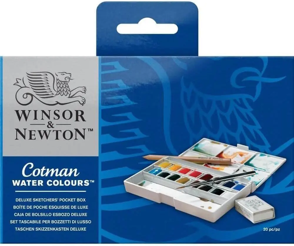 Winsor & Newton Cotman Watercolor Deluxe Sketchers Pocket Set w/ Brush & 16 Half Pans (20pc)