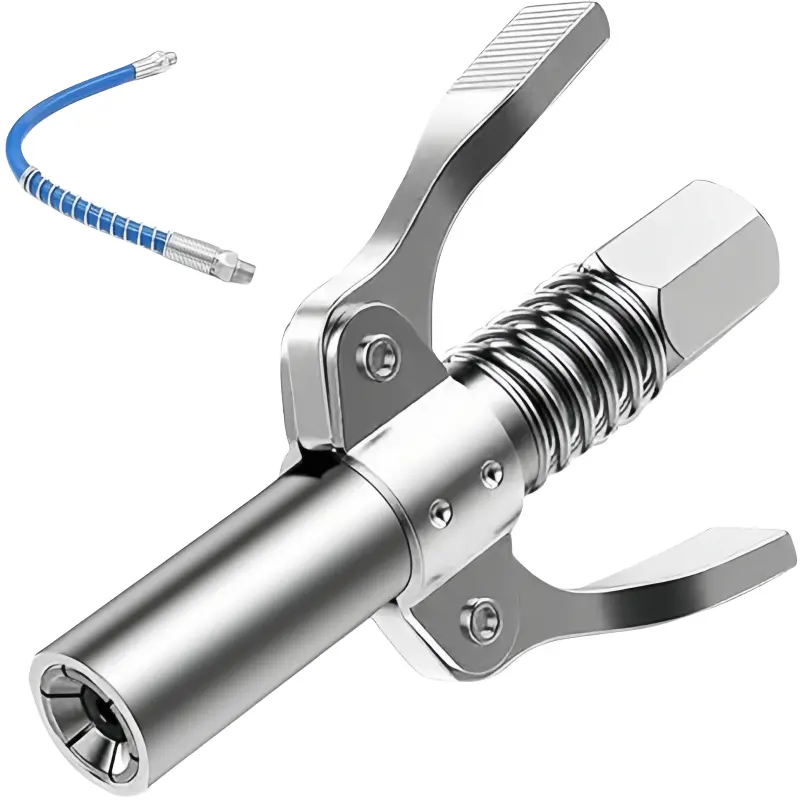 Stainless Steel Dual Handles Grease Nozzle & 30cm Spring-Loaded Hose Set, Anti-Loosening Manual Oil Injection Tool, Heavy Duty Car Parts Repair Accessory