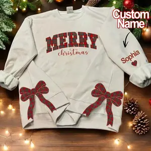 Side Bow Sweater Merry Christmas Custom Name Personalize Printed Casual Cotton