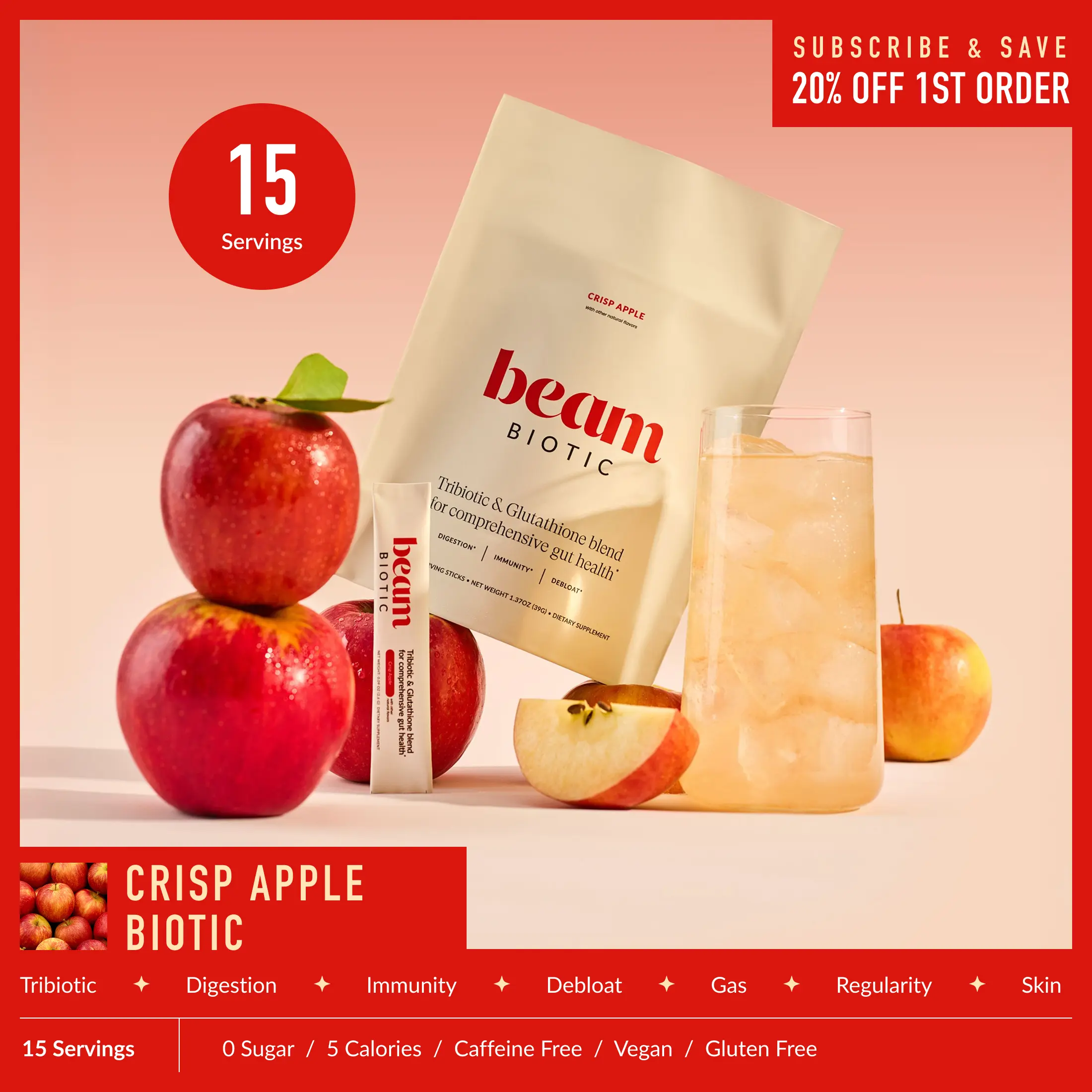NEW! Beam Biotic Superblend Gut Health Vitamins - 15 Servings Single-Serve Sticks, Dietary, Gluten-Free, Dairy-Free, Bloating Relief, Gut Support, Mixed Berry/Blue Raspberry/Citrus Lemonade Flavors, Pre+Pro+Postbiotics+Glutathione