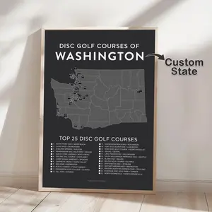 Custom Washington Disc Golf Courses Poster, Top 25 DiscGolf Courses Checklist Map Wall Art, Gifts for Disc Golfers, Minimalist Prints Home Decor