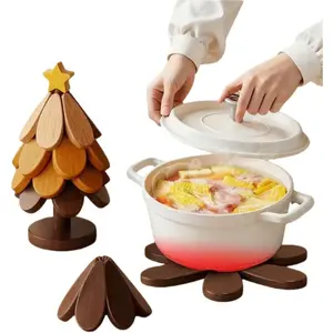 4 Foldable Decorative Wooden Tree Trivet Set with Christmas Tree-like Storage Stand, Coasters for Hot Dishes Pots Bowls Teapots