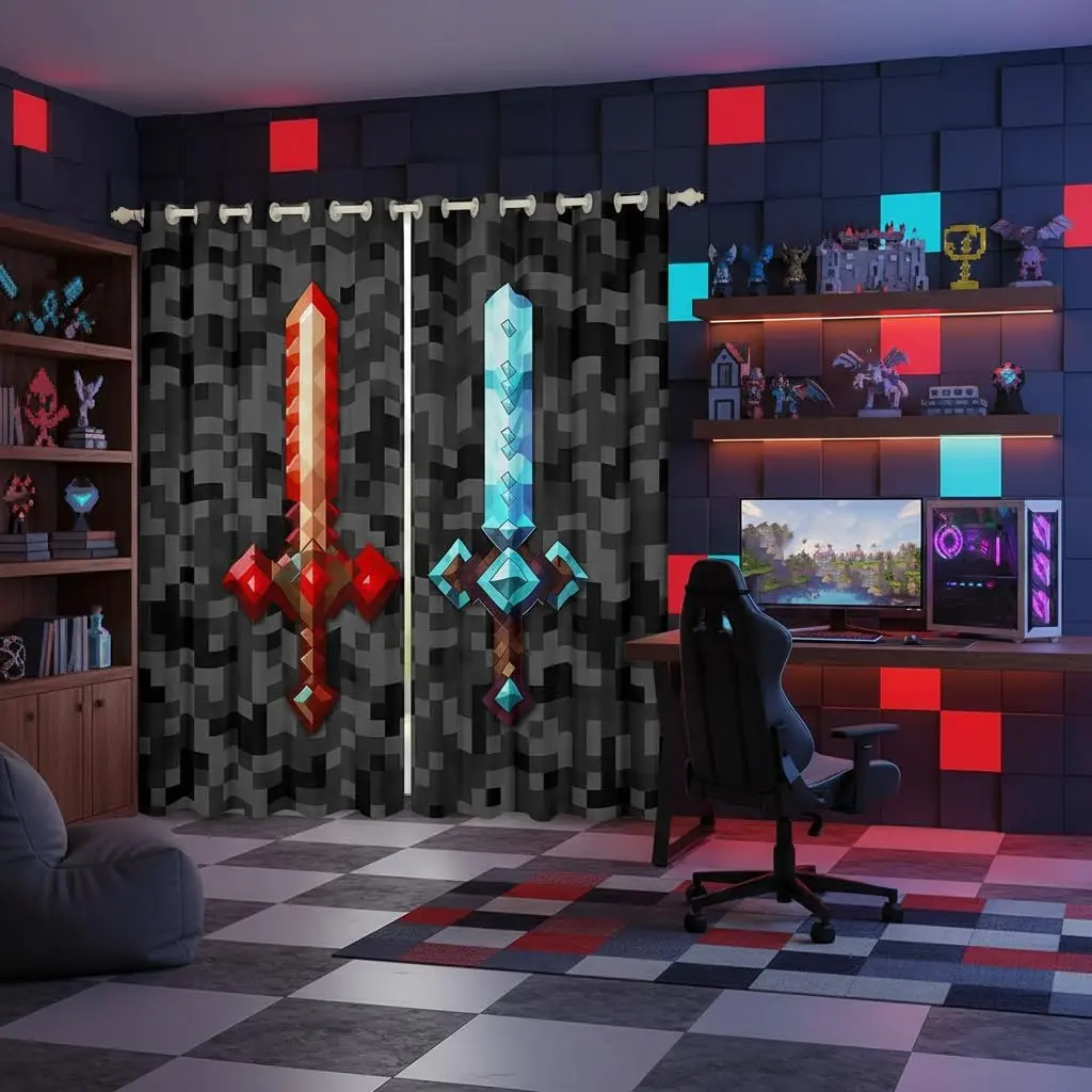 Red Blue Sword Bedroom Decor Curtains,Sandbox Building Games Window Curtain ated Style Swords Window Treatment Grey Black Camo Blackout Drapes Panels