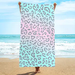 1pc, Microfiber, Blue-Pink Gradient Leopard Print Beach Towel, Quick-Dry Microfiber, Strong Wrap Design, Suitable for Beach and Pool Use, Beach