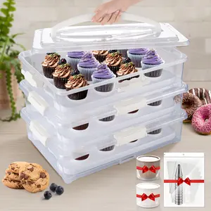 3-tiers Cupcake Carrier with Flexible Design- Cupcake Holder and Cake Transport Container that Holds up to 36 Cupcakes or 3 Large Cakes - BPA-Free,  Sturdy Bakeware Great for Parties & Festivals (White/Pink)