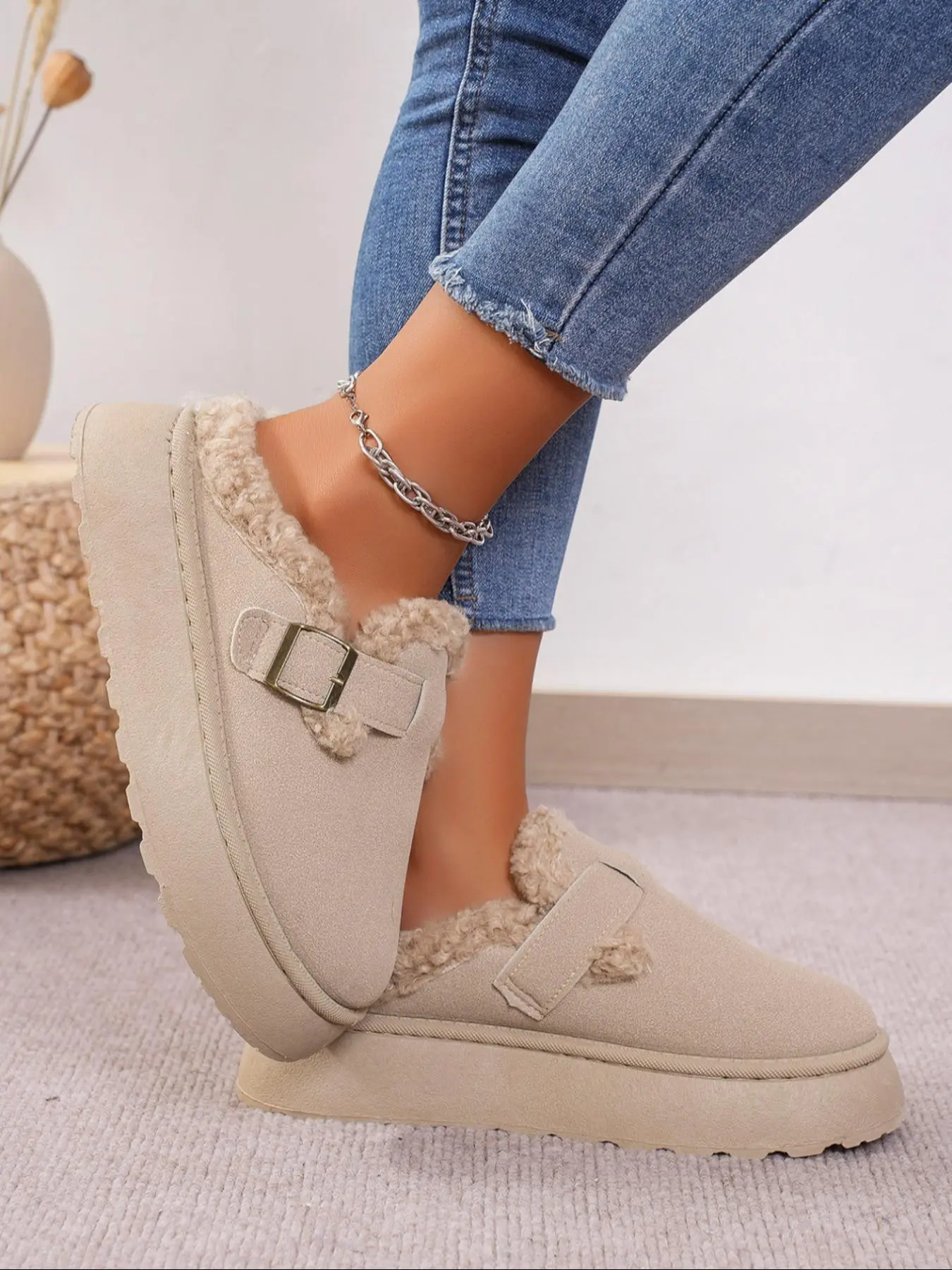 Women's Solid Color Fluffy Plush Slippers, Fuzzy Warm Slippers, Casual Soft Comfortable Home Slippers, Warm Slippers for Indoor & Outdoor Use for Fall & Winter, Walking Shoes