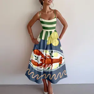 Lemon Shrimp Striped Printed Dress, Comfy Dress, Summer Vacation Style, Casual Style Women's Clothing, Mediterranean Pop Style Prints, Elegant, Fashion