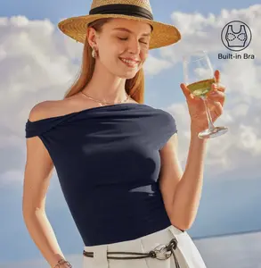 OGL Multi-wear Versatile Necklines Brami Top Womenswear Midnight Navy Basic Minimalist Shirts Women Summer Tshirt Short Built-in-Bra Spring Streetwear Casual  valentine's day outfit SpringStatements