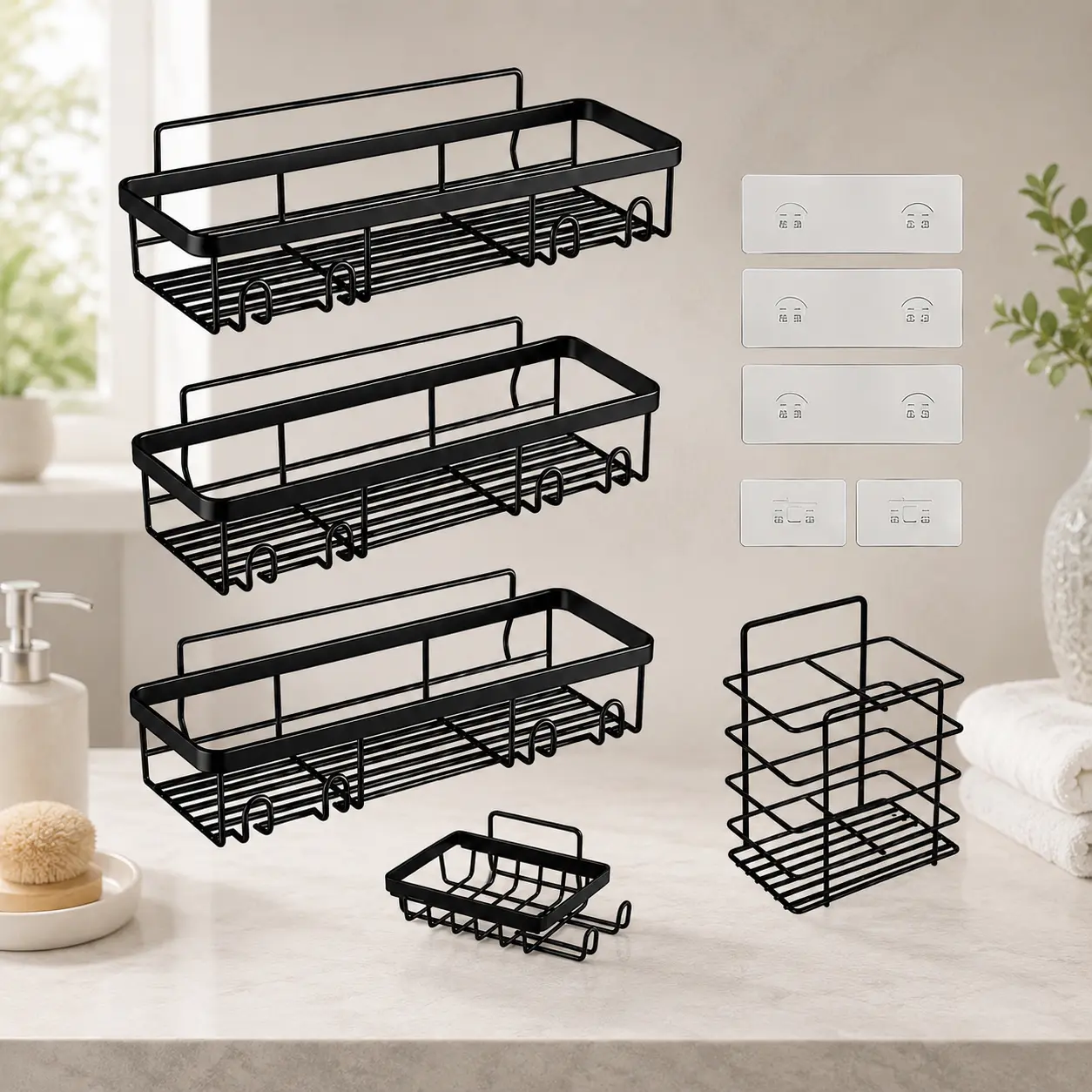 Small Bathroom Storage Organizer, 5 Piece Shower Caddy Set with Adhesive Hooks, Space Saving Wall Shelves for Shower Shampoo Soap Skincare and Bathroom Essentials, Rental Friendly No Drill Design
