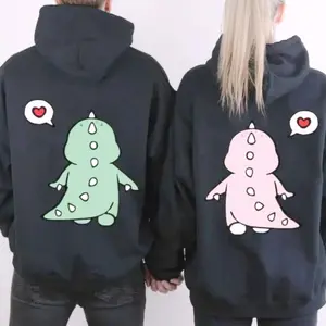 Funny Cute Dinosaur Couple Matching Graphic Hoodie Casual Streetwear Fleece Fabric Pullover Hooded Sweatshirt Trendy Tops for Women for Men Perfect Valentine’s & Anniversary Gift