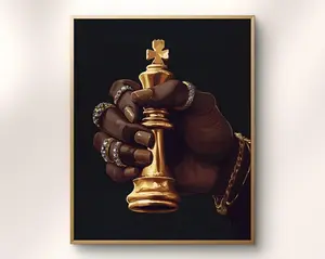 Black King Chess Art Print, Luxury Gold Chess Piece Wall Decor, Royal Hand with Rings Poster, Modern Game Room & Office Statement Artwork