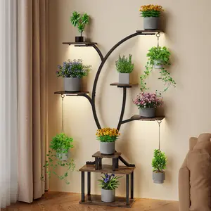 VECELO Plant Stand Indoor With Grow Lights, 8 Tiered Metal Plant Shelf, 64" Tall Plant Stand For Indoor Plants, Large Plant Rack Flower Display Shelf, Curved Plant Holder For Living Room, Patio