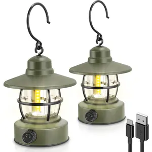 Retro Camping Light 2 Pack (Dark Green), Rechargeable Battery Powered Camping Lantern - Waterproof Hanging LED Tent Lamp, Camping Gear Must Haves, Camping Accessories for Outdoor Hiking Fishing