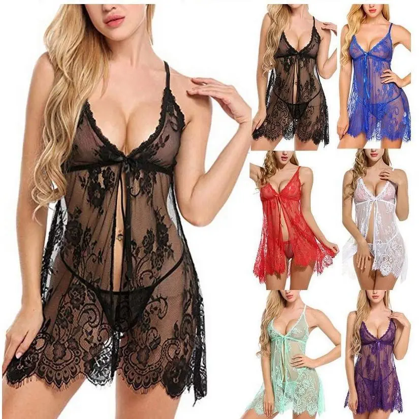 Women Lace Lingerie V Neck Nightwear Nightie Lace Ruffle Trim Wrap Cami Nightdress Panty Set, Adjustable Spaghetti Strap Backless Nightgown & Knicker Set, Ladies Summer Clothes, Summer Outfits, Nightwear