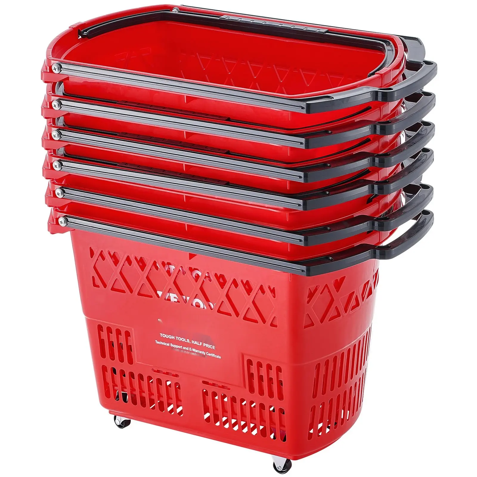 Plastic Rolling Shopping Trolley Basket On Wheels, 6-Piece Set, 39 Liter Capacity, With Handle, Red, Durable Lightweight Utility Cart For Groceries, Markets, Home Use, Laundry, And Travel