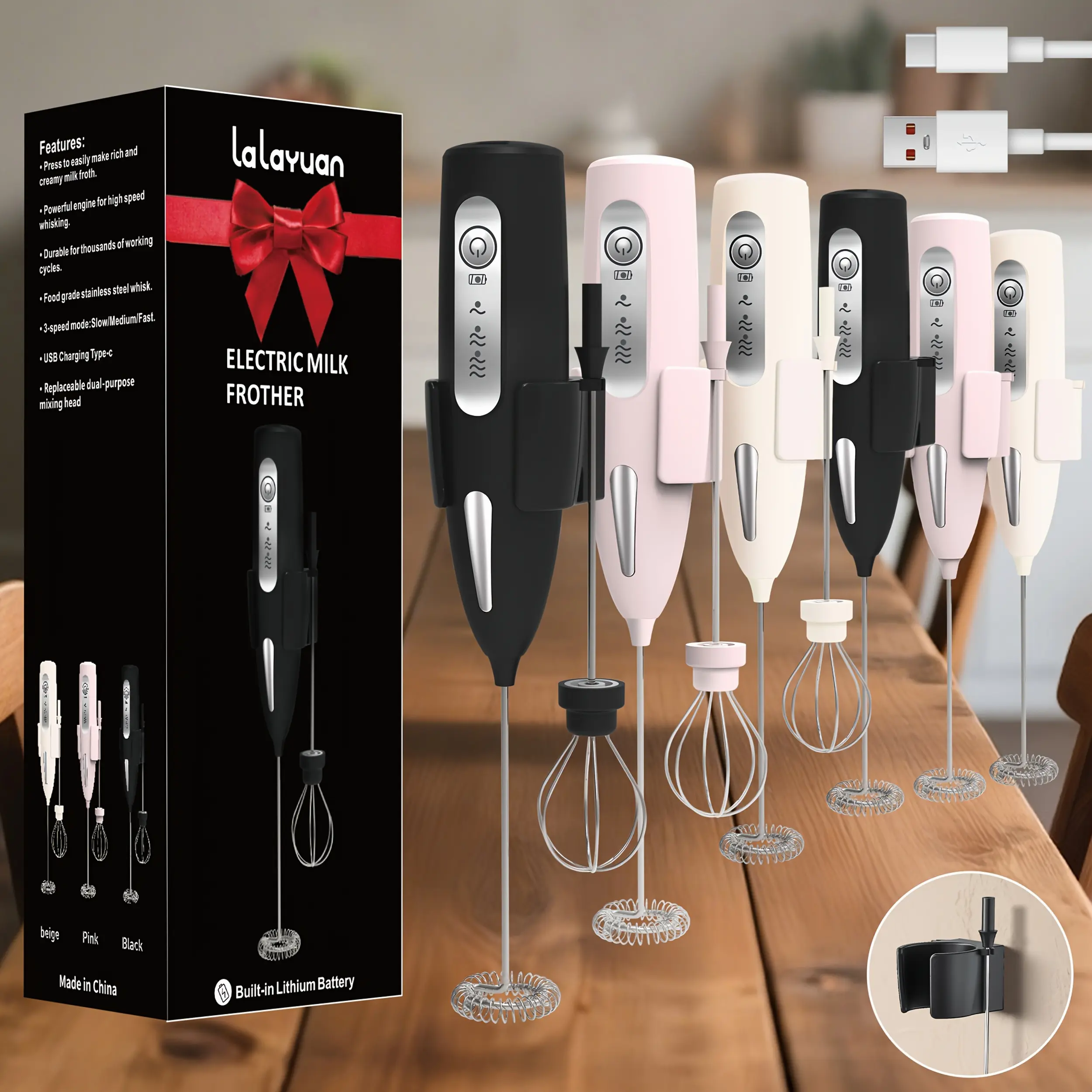 3-Speed USB Rechargeable Electric Milk Frother, 2 Optional Heads(Foam Maker & Egg Whisk) | Powerful Handheld Drink Mixer, Fast Foam In Seconds for Coffee, Cap, Chocolate, 304 Stainless Steel Quiet Portable Mini Blender | Perfect Gift for Home Barista