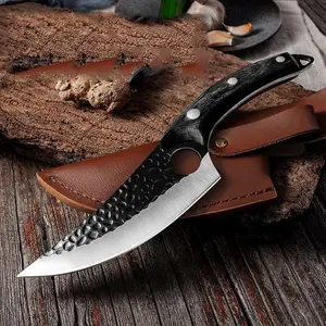 Butcher's Small Scimitar with Wooden Handle - Boning, Skinning Tool for Pig Processing and BBQ Use