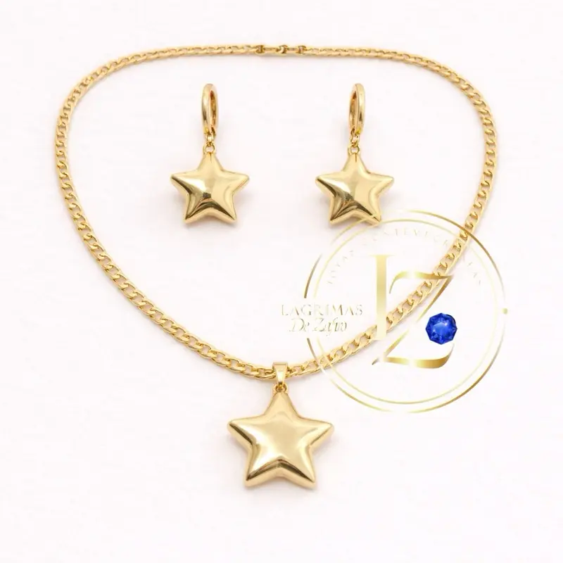 COD#2030  Star pendant and earrings set with a cuban chain 3 mm wide