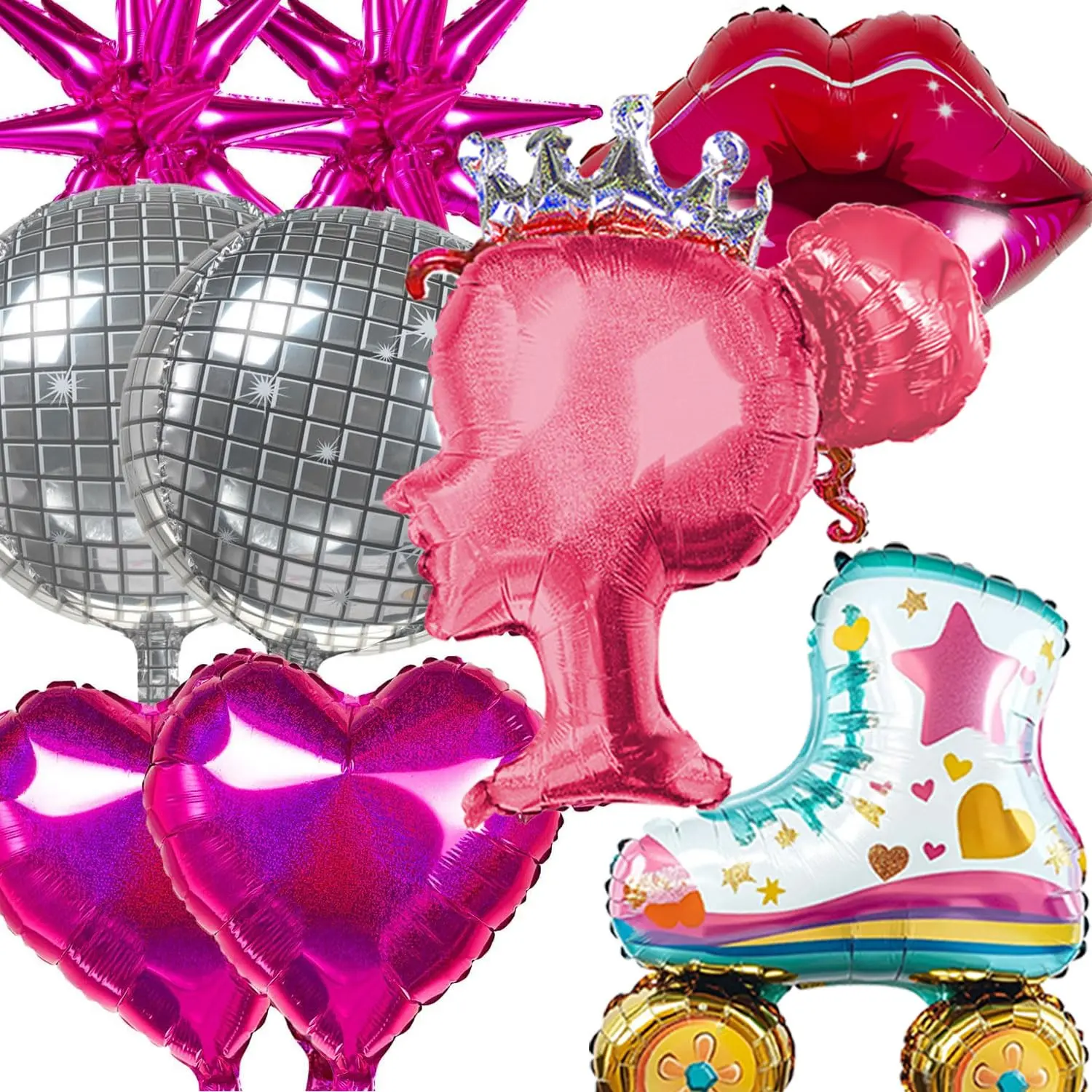 9Pcs Hot Pink Princess Foil Balloon Silver Disco Ball Balloons Girl Head Balloons Photo Prop For Bachelorette Theme Party Decorations Box Photo Booth Backdrop Pink Girl Adult Makeup Birthday