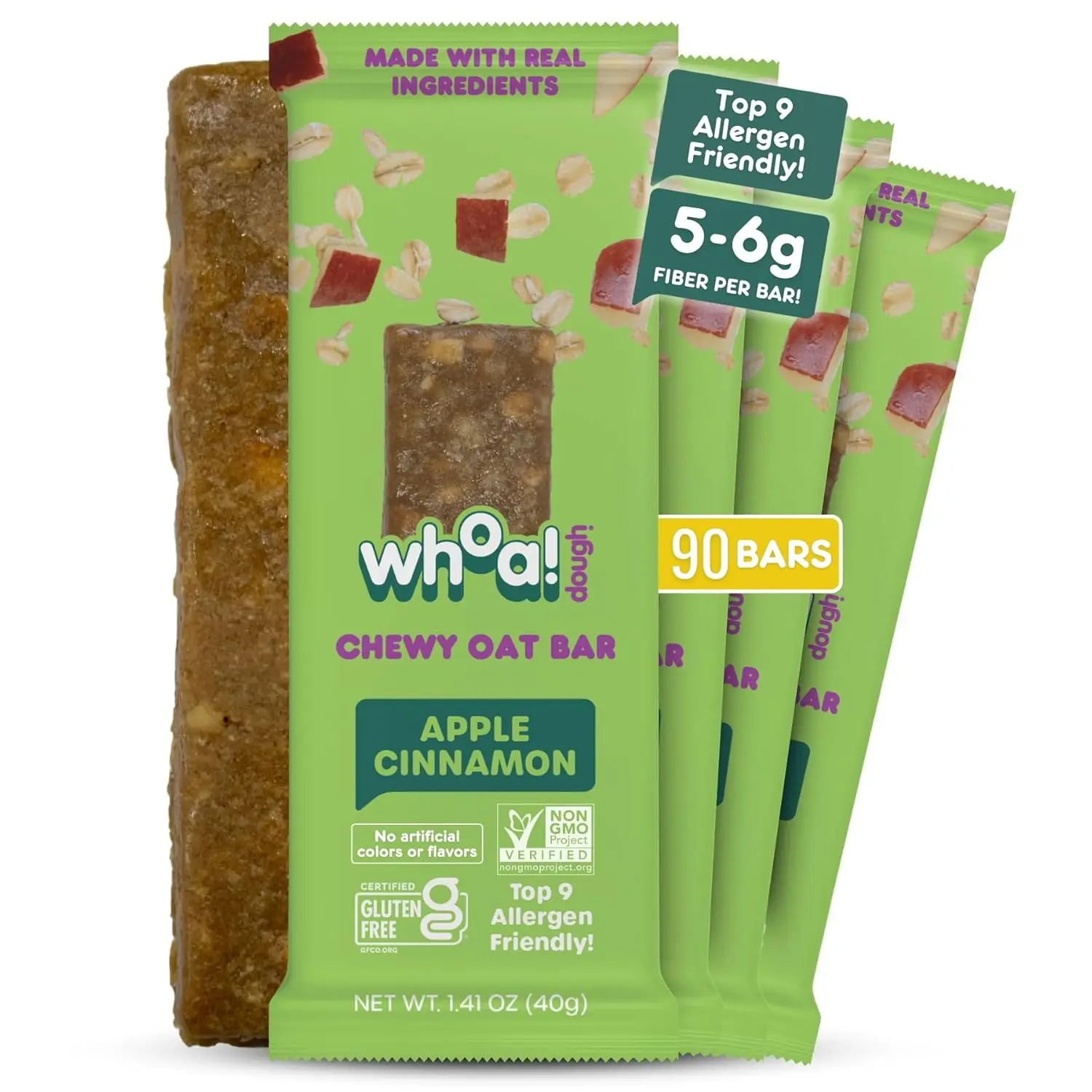 Whoa! Dough Top 9 Allergen Free Chewy Oat Bars - Apple Cinnamon | (90) 1.41 oz Individually Wrapped Bars | 5-6g Fiber, 3-5g Protein, Non-GMO, Allergen Friendly, Gluten-Free & Plant-Based Granola Oat Bars