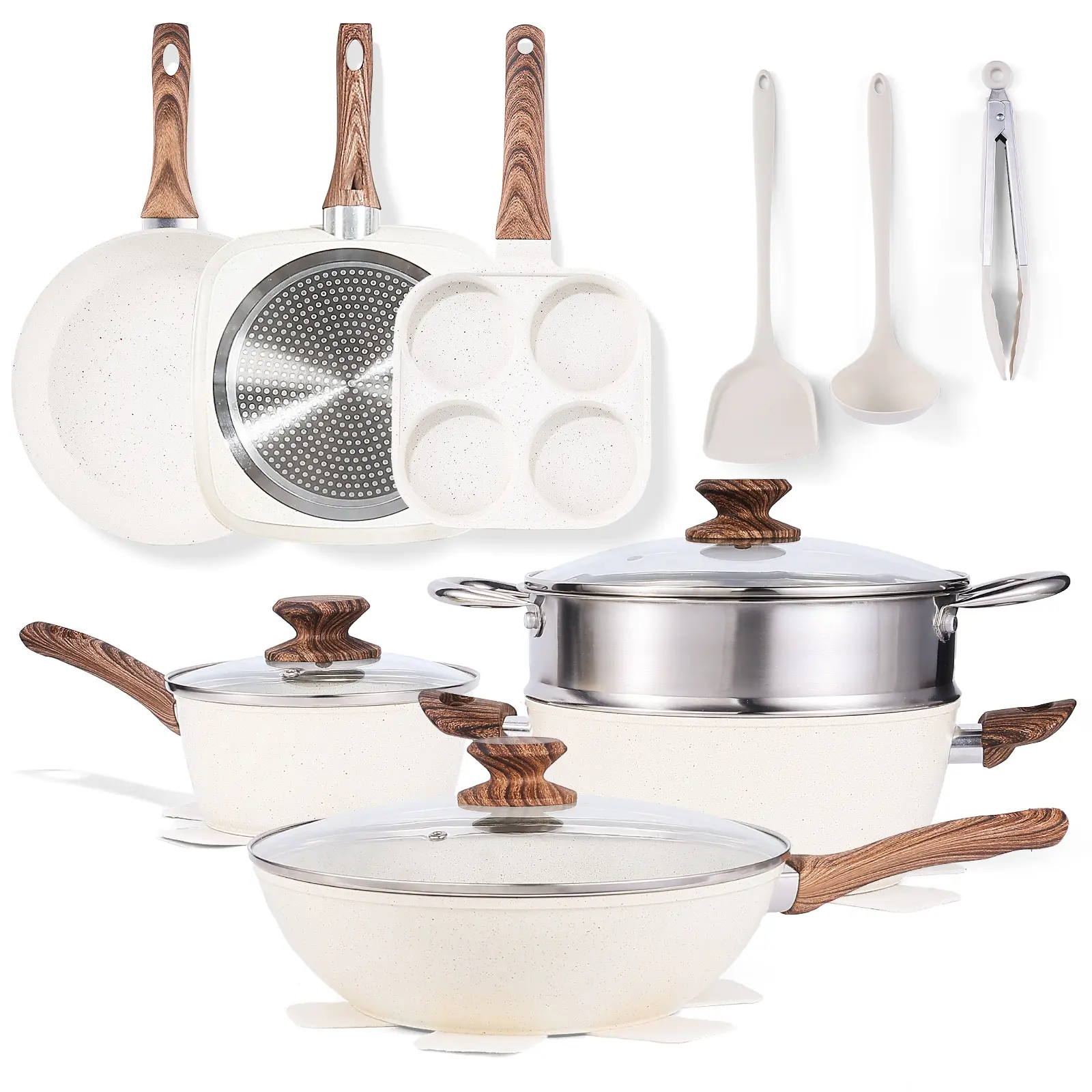17Pcs Non-Stick Granite Cookware Set with Detachable Wooden Handle, Induction Compatible Stackable Pots & Pans Set, Complete Kitchen Cooking Set with Egg Pan, Steamer & Silicone Utensils