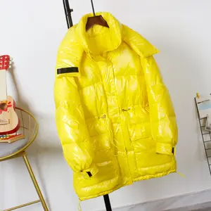 Bright Leather Hooded Down Jacket Fabric Womenswear Slim Type Polyester Fiber White Duck Down 86% Cashmere Coats with Removable Belt