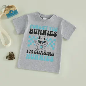 Easter perfect children's boy summer short-sleeved lettered rabbit pattern T-shirt with elastic waist, suitable for infants and toddlers, summer wear Boys Easter Casual Tops Short Sleeve
