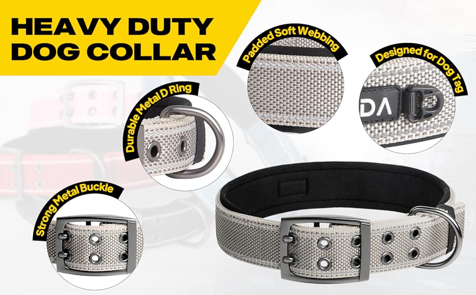 Fida Heavy Duty Dog Collar, Ultra Comfortable Soft Neoprene Padded, Adjustable Reflective Nylon Pet Collar with Durable Metal Belt Buckle