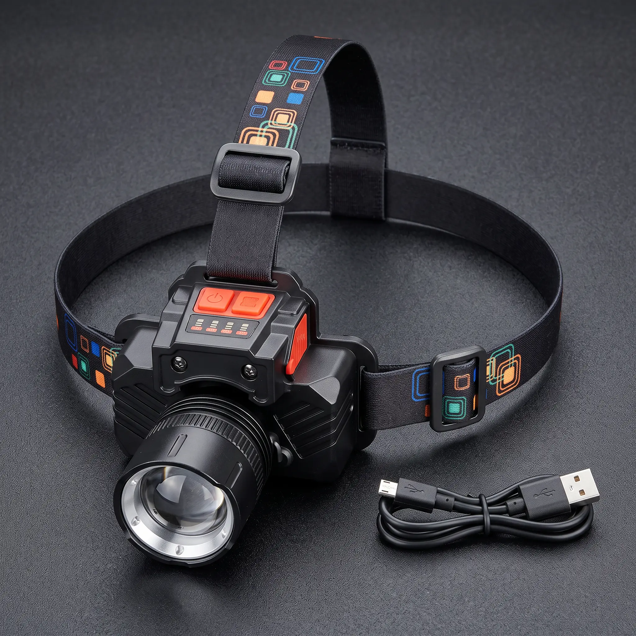 Zoomable LED Headlamp, Super Bright USB Rechargeable Head Light with Power Indicator, Waterproof Adjustable Head Flashlight for Fishing Camping Hiking Working Repair