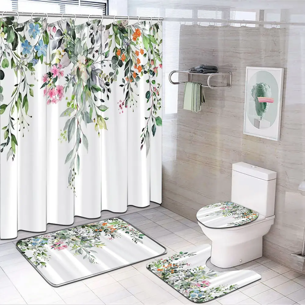 1 piece/4 pieces per set Eucalyptus Shower Curtain, Watercolor Plant Leaves with Floral Bathroom Shower Curtain Set