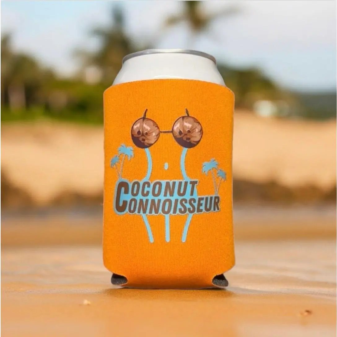 “Coconut Connoisseur” Funny Beer Koozie – 12oz Can Cooler – Tropical Foam Sleeve for Beach, Boat, Pool Parties, BBQs, Vacation Vibes, Gag Gift Drinkware Beverage Birthday