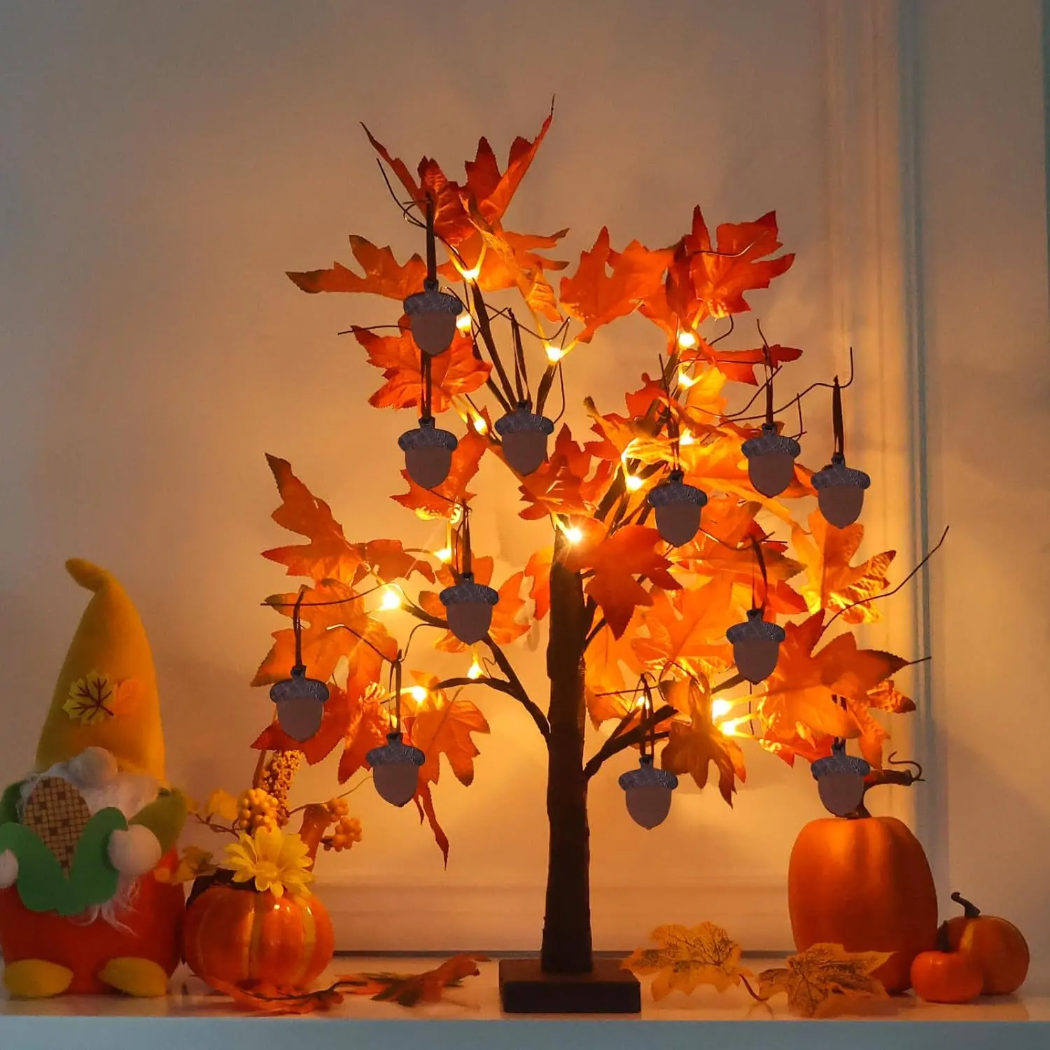 Fall Decorations for Home, Thanksgiving Decorations, 24/2FT Lighted Fall Maple Leaves Tree with 24 LEDs for Autumn Decor, 12 Wood Acorns Ornaments Battery Powered Timer for Table Indoor
