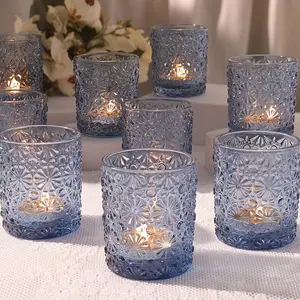 Blue Votive Candle Holder Set of 12, Flower Tea Light Candle Holders for Wedding Table Centerpieces, Birthday Parties, Home Decor, Blue Bridal Shower and Holiday Decorations