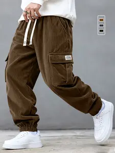 Men's Corduroy Work Pants, Plain, Multi-Pocket Design, Casual Loose Fit, Drawstring Waist, Perfect Gift for Daily Wear, Dates, Outings