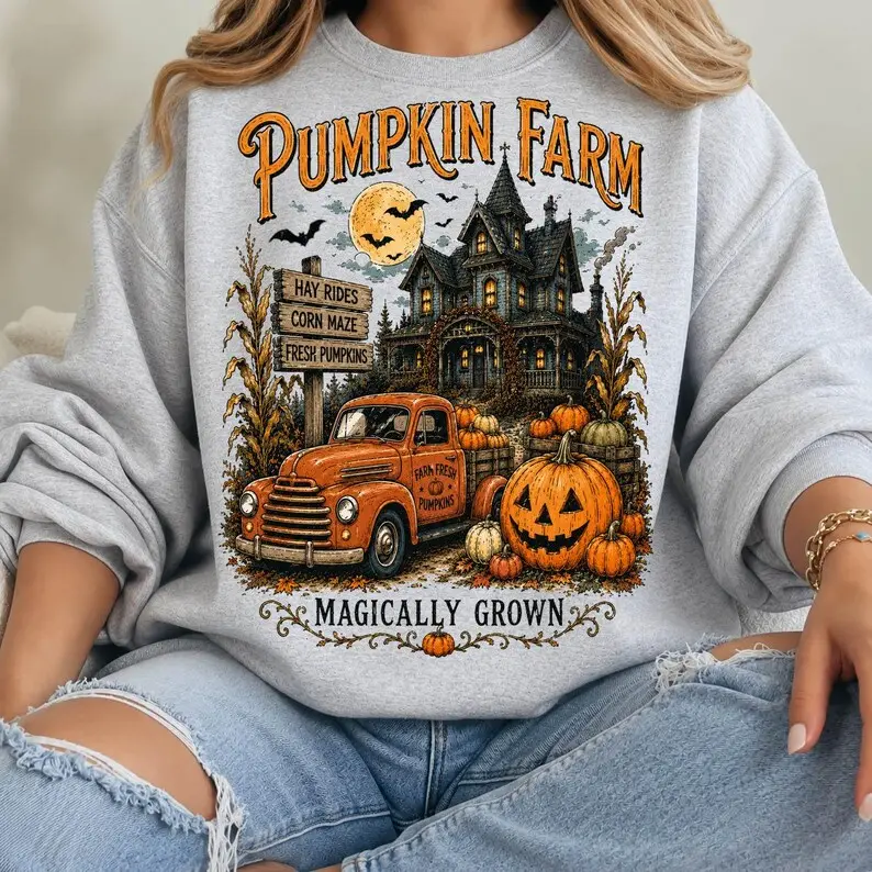 Pumpkin Farm Magically Grown Halloween Sweatshirt, Vintage Pumpkin Patch Crewneck, Haunted House Fall , Autumn Gif Sweatshirt